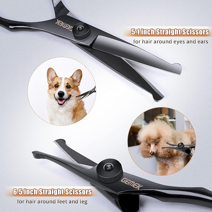 Dog Grooming Scissors Kit with Safety Round Tips, GEMEK Professional 6 in 1 Grooming Scissors for Dogs, Heavy Duty Titanium Coated Pet Grooming Scissor for Dogs, Cats and Other Animals (Black)