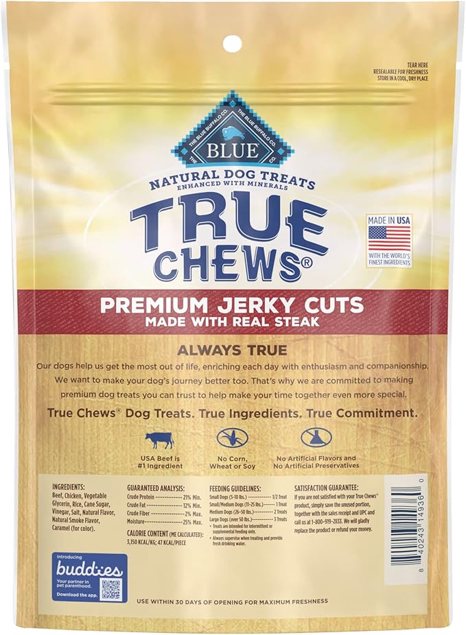 Blue Buffalo True Chews Premium Jerky Cuts Natural Dog Treats, Steak 10 oz bag