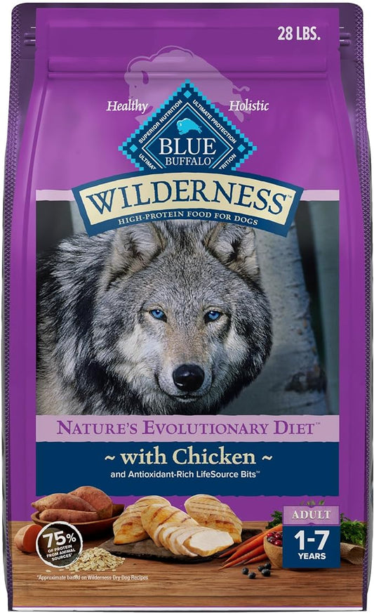 Blue Buffalo Wilderness Natural High-Protein, Small-Bite Dry Food for Adult Dogs, with Wholesome Grains, Chicken, 28-lb bag.