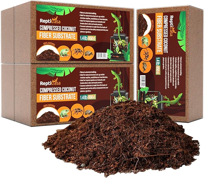 Compressed Coconut Fiber Substrate, 1.4 lb. Bricks, Natural Husk Terrarium Bedding, Reptiles, Frogs, Snakes, or Tortoise, Odor and Waste Absorbent Compostable, 5 Pack