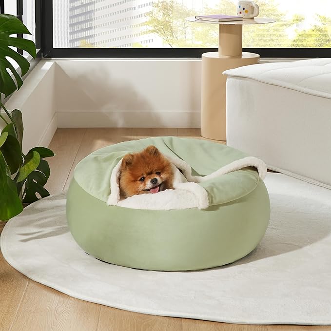 Lesure Small Dog Bed with Cover Cave - Covered Round Puppy Bed with Hooded Blanket, Machine Washable Burrow Pet Bed for Small Dogs and Cats, Cuddler Cozy Cave Dog Bed with Anti-Slip Bottom, Green 23"