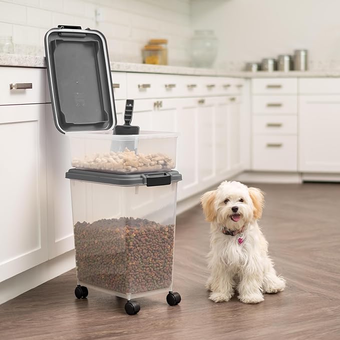 IRIS USA 30 lbs & 11 lbs Combo Airtight Dog Food Storage Container, Stackable Treat Box, 2-Cup Scoop, Wheels, Keep Fresh, Easy Mobility, Dark Gray