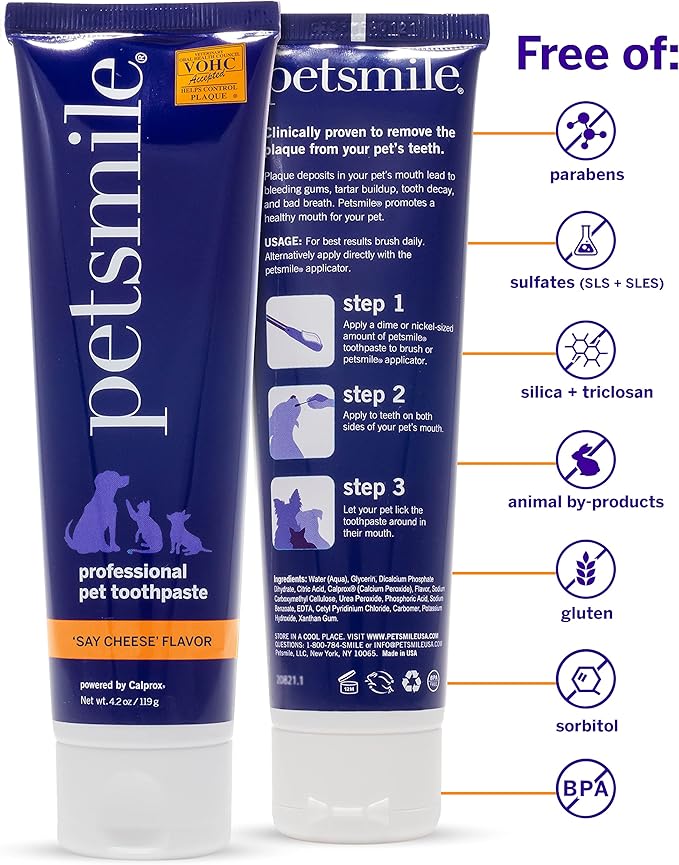 Petsmile Professional Pet Toothpaste - Cat & Dog Teeth Cleaning Supplies - Controls Plaque, Tartar, & Bad Breath - VOHC Accepted Toothpaste - Pet Dental Care Essentials (Say Cheese, 4.2 Oz)