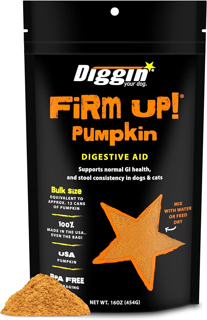 Diggin' Your Dog Firm Up Pumpkin for Dogs & Cats, 100% Made in USA, Pumpkin Powder for Dogs, Digestive Support, Apple Pectin, Fiber, Healthy Stool, 16 oz