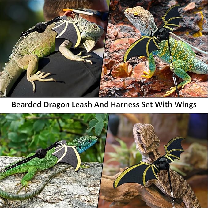 Bearded Dragon Carriers and Leather Leash with Wings,Bearded Dragon Leash Lizard Adjustable Harness,Small Pet Backpack Batwing Accessories for Outdoor Travel Walking Rest-Yellow