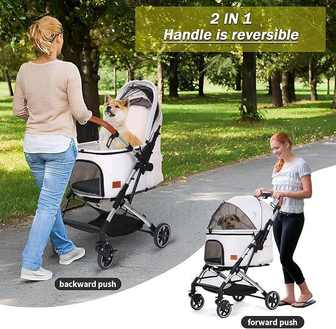 Pet Strollers for Small Medium Dogs Cats, No Zipper Entry with Reversible Handle, One-Hand Foldable Puppy Doggie Jogging Stroller Pet Travel (white)