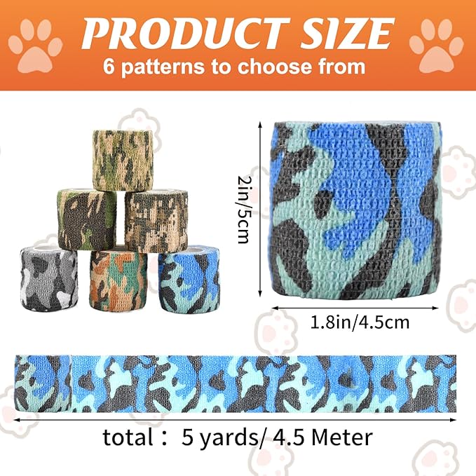 6 Roll 2 Inch x 5 Yards Camo Pet Vet Wrap for Dogs Cats, Cohesive Bandages in Bulk, Camouflage Non-Woven Self Adhesive Bandages Wrap Roll for Pet Animals Wound Care Ankle Sprains and Swelling
