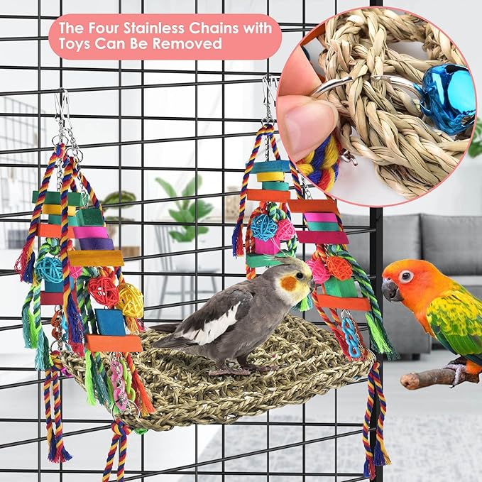 KATUMO Bird Toys, Bird Foraging Wall Toy Large Size Seagrass Woven Climbing Hammock Swing Mat with Colorful Chewing Toys for Lovebird, Parakeet, Budgie, Conure, Cockatiel, Small Birds