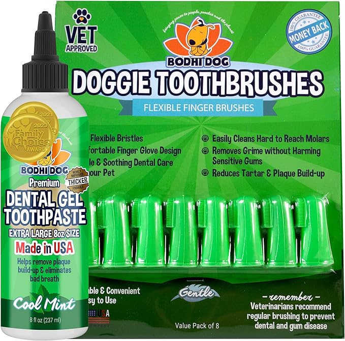 Bodhi Dog Dental Gel Reduces Tartar and Freshens Bad Breath + 8-Pack Gentle Disposable Finger Toothbrush | Soft & High-Grade Dog Toothbrush with Silicone Bristles | Oral Care or Dental Care Bundle