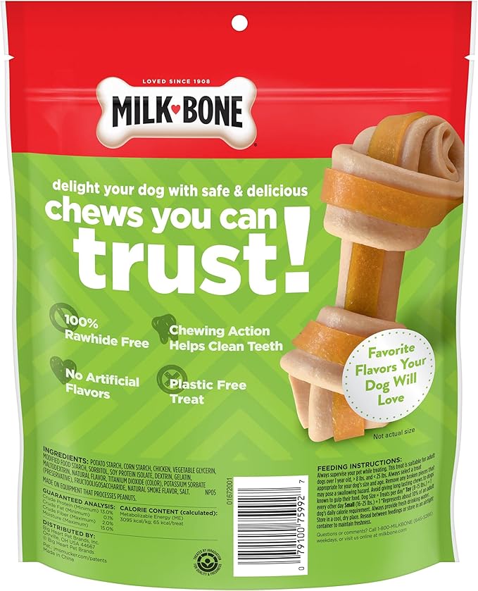 Milk-Bone Chews GnawBones Rawhide Free Dog Treats, Chicken, 16 Long Lasting Mini Knotted Bones