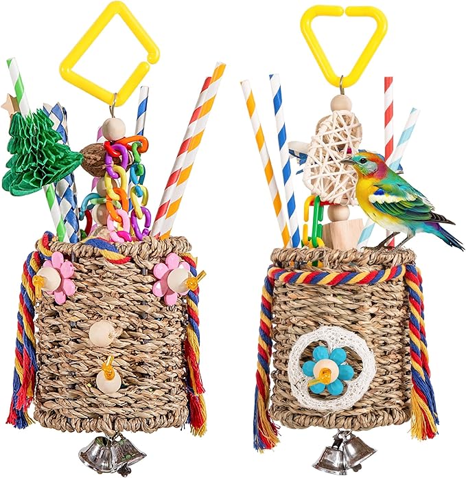 Bird Parakeet Foraging Toys 2PCS - Parrot Cage Accessories Stuff, Natural Woven Climbing Perch Nest, Chewing Toys for Budgerigars, Conure, Cockatiel, Finch, Lovebirds, and Medium, Small Birds