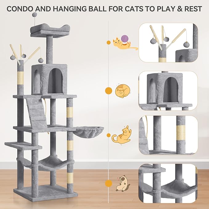 YITAHOME 64.5" Cat Tree, Multi-Level Cat House, Large Cat Condo Furniture with Perch Hammock, Scratching Posts and Dangling Balls for Kittens, Cats and Pets, Light Gray