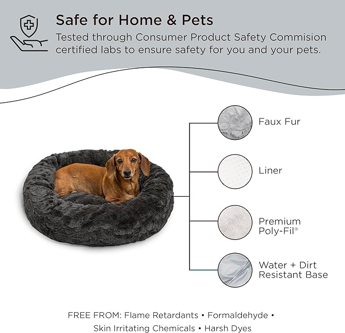 Best Friends by Sheri The Original Calming Donut Cat and Dog Bed in Lux Fur Charcoal Mink, Small 23"