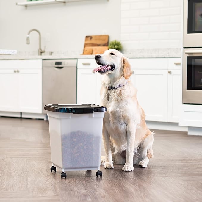 IRIS USA WeatherPro Airtight Dog Food Storage Container, Up to 25 lbs, Removable Wheels, for Dog Cat Bird and Other Pet Food Storage Bin, Keep Fresh, Translucent Body, Pearl/Black