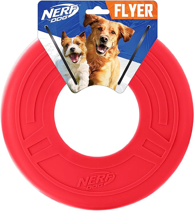 Nerf Dog Atomic Flyer Dog Toy, Flying Disc, Lightweight, Durable and Water Resistant, Great for Beach and Pool, 10 inch diameter, for Medium/Large Breeds, Single Unit, Red