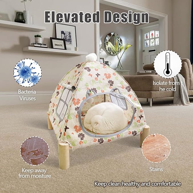 Pozico 2 in 1 Cat Bed Tent Wooden Frame Cat Teepee Cat Hammock, Quick Assembly and Disassembly, Portable Indoor/Outdoor Pet Dog Tent House for Cats Puppies Small Animals:Flowers Leaves Tent