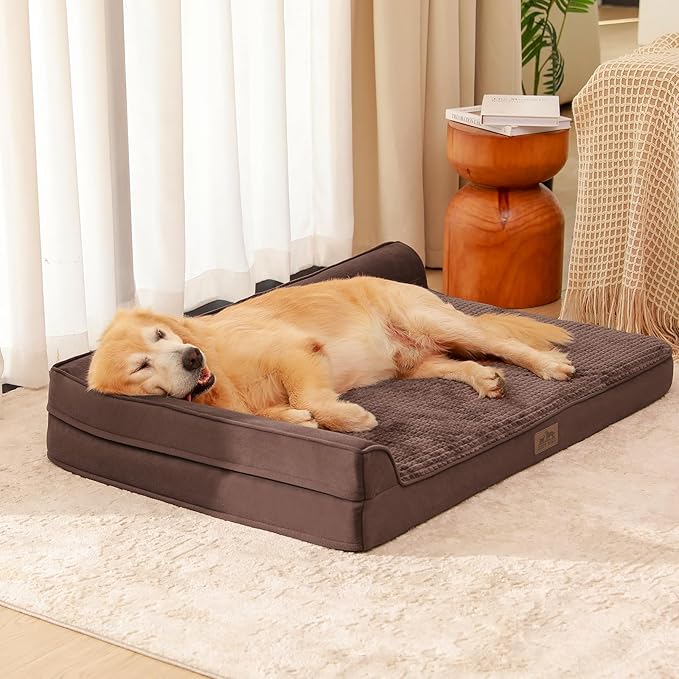 Orthopedic Dog Beds for Extra Large Dogs, Waterproof Memory Foam XXL Dog Bed with Sides, Non-Slip Bottom and Egg-Crate Foam Big Dog Couch Bed with Washable Removable Cover, Brown (L-Shaped)