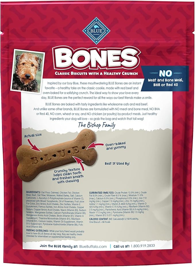 Blue Buffalo Bones Natural Crunchy Dog Treats, Large Dog Biscuits, Beef (16-oz bag, 4 count)