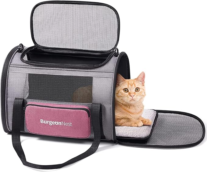 BurgeonNest Cat Carriers for Medium Cats Under 25 lbs, Pet Carrier for Cats with Unique Side Bag,Top Load Small Pet Carrier Soft-Sided Escape Proof with 4 Ventilated Windows