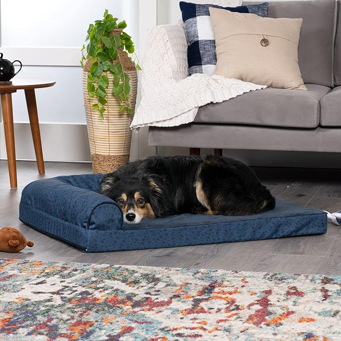 Furhaven Orthopedic Dog Bed for Large/Medium Dogs w/ Removable Bolsters & Washable Cover, For Dogs Up to 55 lbs - Plush & Almond Print L Shaped Chaise - Blue Almonds, Large