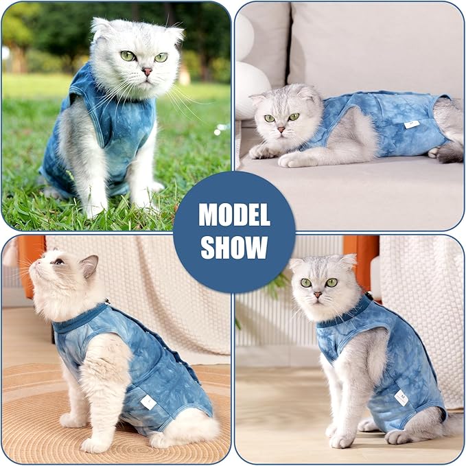 Cat Recovery Suit for Male and Female Surgical Post Surgery Soft Cone Onesie Tie Dye Cats Shirt Clothes Neuter Licking Protective Diapers Outfit Cover Kitten Spay Collar Alternative(Navy Blue, L)