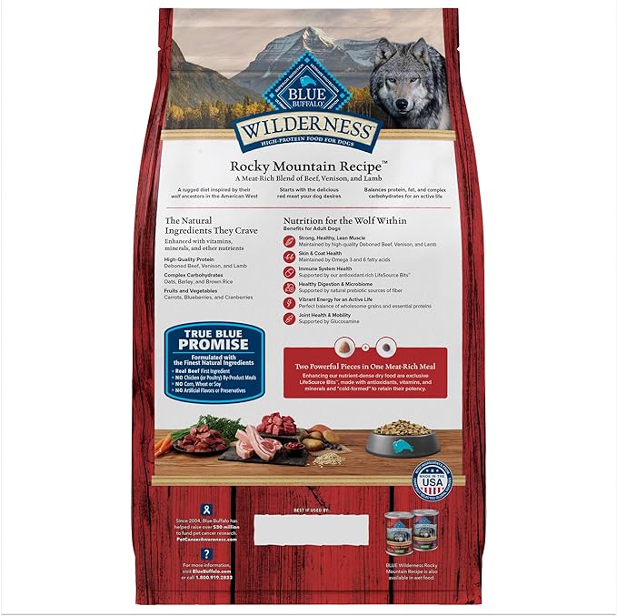 Blue Buffalo Wilderness Rocky Mountain Recipe High-Protein Adult Dry Dog Food, Made in the USA with Natural Ingredients Plus Wholesome Grains, Red Meat, 4.5-lb. Bag