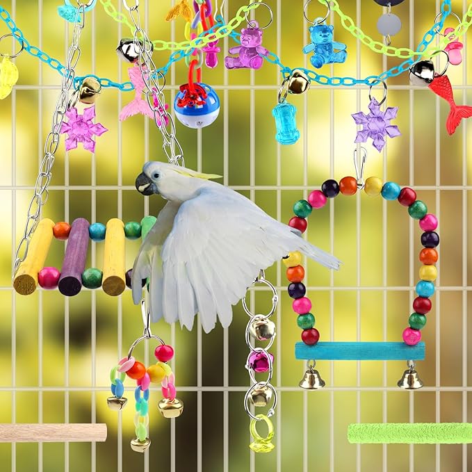 Bird Parakeet Toys, 10 pcs Swing Hanging Standing Chewing Toy, Hanging Bell Pet Bird Cage Colorful Toys for Parakeets, Cockatiel, Parrot, Budgerigar, PietyPet