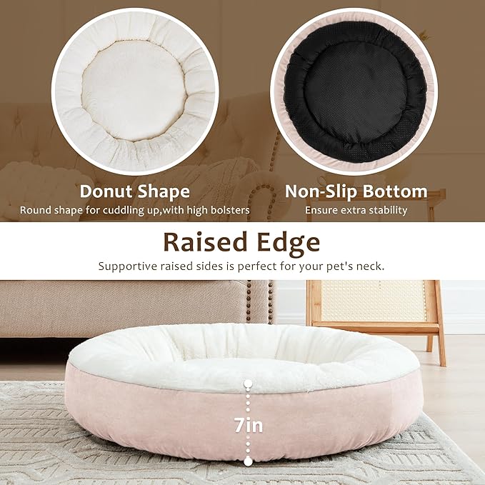 Love's cabin Round Donut Cat and Dog Cushion Bed, 25in Pet Bed for Small or Medium Dogs, Anti-Slip & Water-Resistant Bottom, Soft Durable Fabric Pet Beds, Washable Calming Cat & Dog Bed Pink