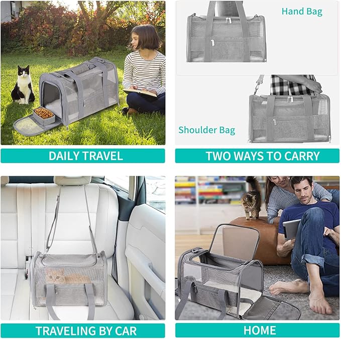 Large Cat Carrier Dog Carrier, Pet Carrier for 2 Cats Large Cats, Dog Carrier for Medium Small Dogs, Collapsible Soft Sided Pet Carrier for Cats Dogs Puppy of 25 Lbs, Grey