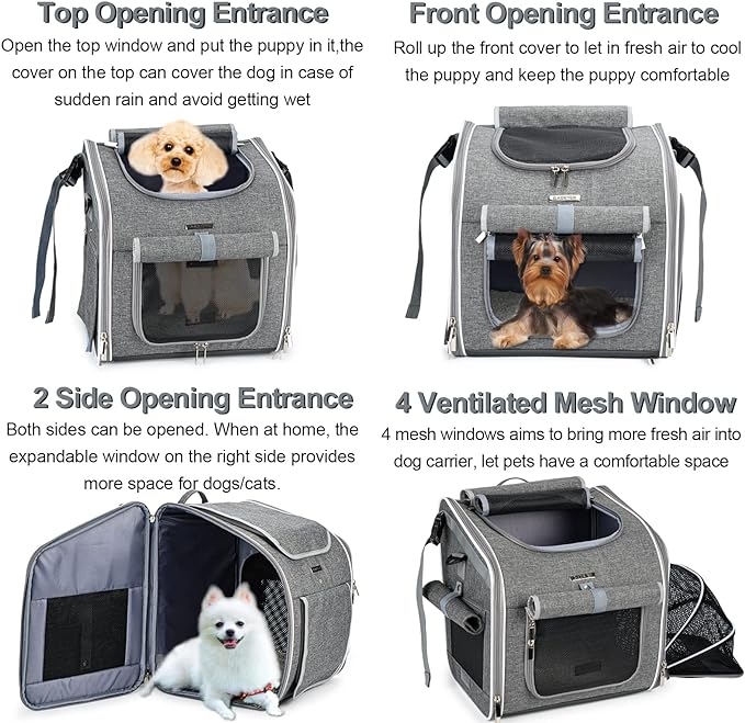 Dog Bike Basket, Expandable Soft-Sided Pet Carrier Backpack with 4 Open Doors, 4 Mesh Windows for Small Dog Cat Puppies - Grey