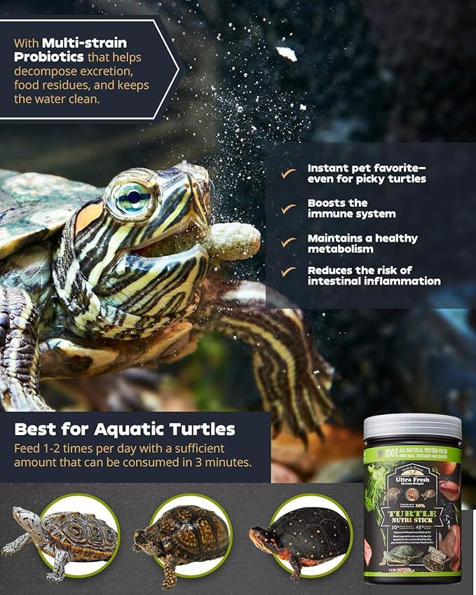 Ultra Fresh - Turtle Nutri Stick, Wild Sword Prawn, Calcium & Vitamin D Enriched Aquatic Turtle Food with Probiotics for Picky Turtles, Made from All Natural Ingredients 13.4 oz