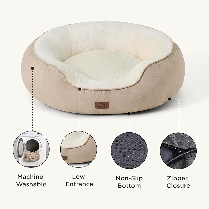 Bedsure Dog Bed for Medium Dogs - Round Washable Medium Pet Bed, Anti-Slip Donut Fluffy Plush Indoor Fur Cat Bed, 30 inches, Camel