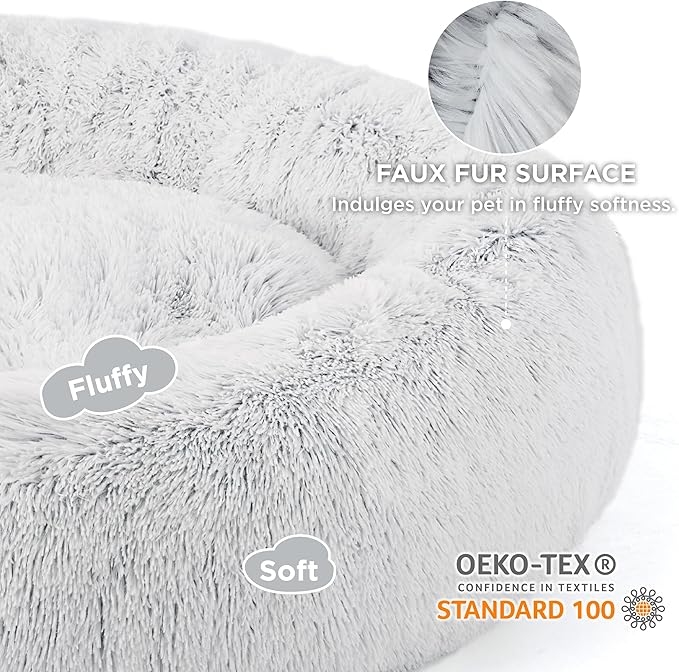 Bedsure Calming Dog Bed for Large Dogs - Donut Washable Large Pet Bed, 36 inches Anti Anxiety Round Fluffy Plush Faux Fur Dog Bed, Fits up to 100 lbs Pets, Frost Grey