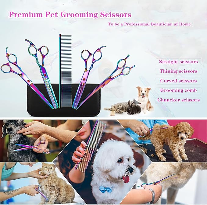 Dog Grooming Scissors, Maxshop Heavy Duty Titanium Pet Grooming Trimmer Kit, Professional Thinning Shears, Curved Scissors with Comb for Dogs and Cats (Colorful Set of 5)