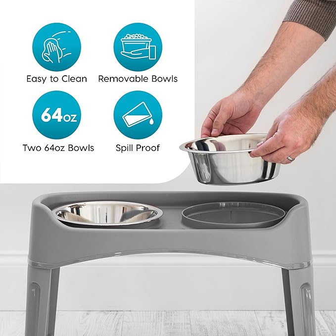 IRIS USA Elevated Dog Bowls, Adjustable Height, 2 Thick 64 oz Stainless Steel Bowls, Spill-Proof with Raised Outer Rim, Durable Made in USA Plastic, Easy Assemble, 2 Heights 4.63" or 12.25" Dark Gray