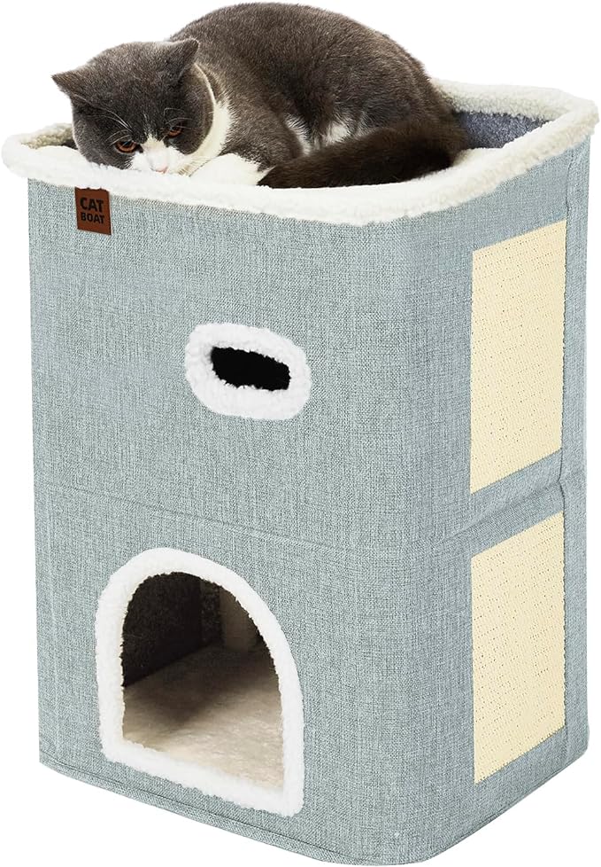 CATBOAT 2-Storey Cat House for Indoor Cats Bed, Covered Cat Beds & Furniture with Scratch Pad and Hideaway Cave, Cute Modern Cat Condo for Multi Small Pet Large Kitten Kitty, Light Grey