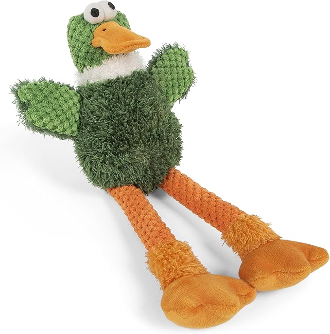 goDog Checkers Skinny Duck Squeaky Plush Dog Toy, Chew Guard Technology - Green, Small