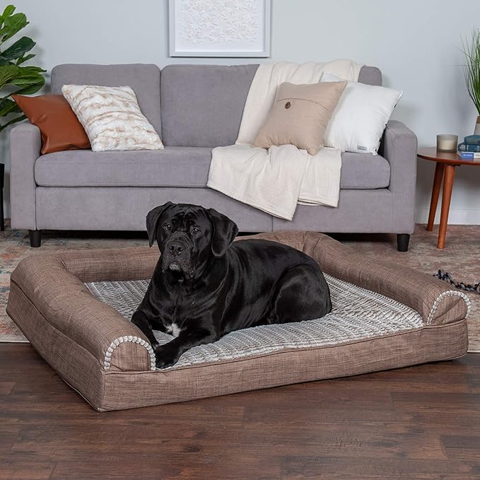 Furhaven Cooling Gel Dog Bed for Large Dogs w/ Removable Bolsters & Washable Cover, For Dogs Up to 125 lbs - Luxe Faux Fur & Performance Linen Sofa - Woodsmoke, Jumbo Plus/XXL