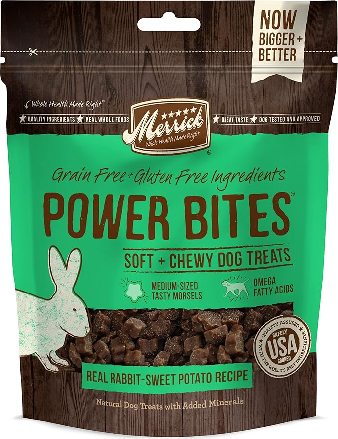 Merrick Power Bites Natural Soft And Chewy Real Meat Dog Treats, Grain Free Snack With Real Rabbit Recipe - 6 oz. Bag