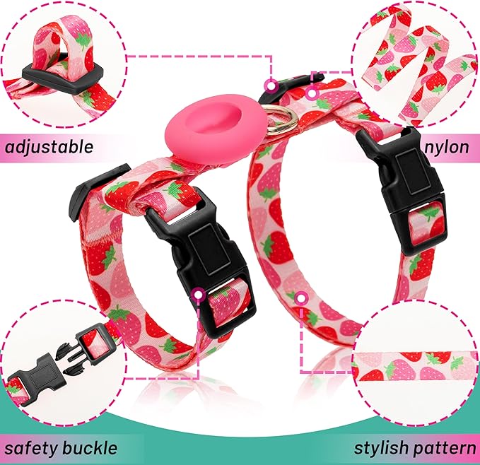 Cat Harness and Leash Escape Proof for Walking Travel Outdoor - Cute Strawberry Nylon Adjustable Cute Cat Harness Leash Set with Airtag Holder for Small Large Cats