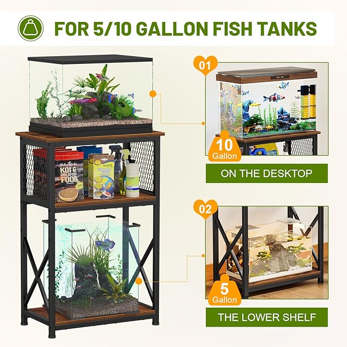 Snughome Fish Tank Stand, 10 Gallon Aquarium Stand with Storage, 3 Tier Heavy Metal Fish Tank Stand Fish Tank Shelf 20.47''L×11.42''W×30.91''H, Rustic Brown