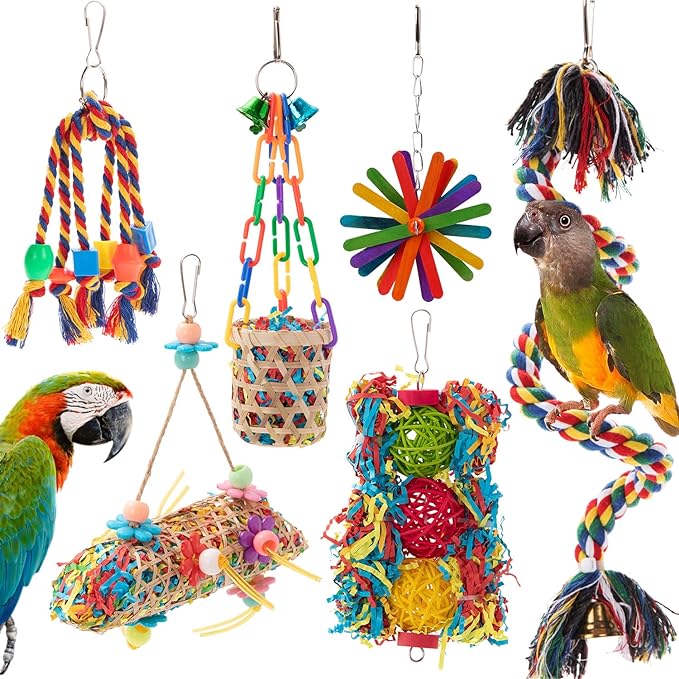 6 Pack Bird Colorful Chewing Toys Parrot Foraging Shredder Toys Shred Hanging Foraging Toys,Comfy Perch Parakeet Toys for Rope Bungee Bird Toy