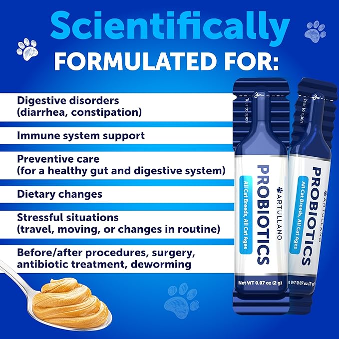 Probiotics for Cats - Cat Probiotic Support Gut Health, Itchy Skin, Allergies, Immunity, Yeast Balance - Cat Probiotics for Indoor Cats Digestive Enzymes with Prebiotics - Cat Diarrhea Relief