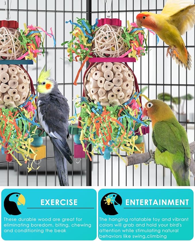 Bissap Conure Toys, 2PCS Bird Parrot Foraging Shredder Hanging Toys Sola Balls Sepak Takraw with Pacifier for Small Parrots Parakeets Conures Cockatiels Love Birds Cage Toy