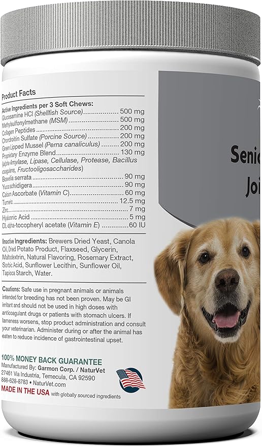 NaturVet Senior Advanced Joint Health Dog Supplement – Includes Glucosamine, MSM, Chondroitin, Collagen – Helps Supports Canine Joint Health Function – 120 Ct. Soft Chews