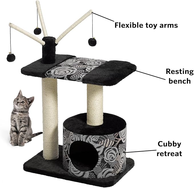 MidWest Homes for Pets Cat Tree | "Carnival" Cat Furniture, 3-Tier Cat Activity Tree w/ Sisal Wrapped Support Scratching Posts & Dangle Play Balls, Black / White Floral, Medium Cat Tree