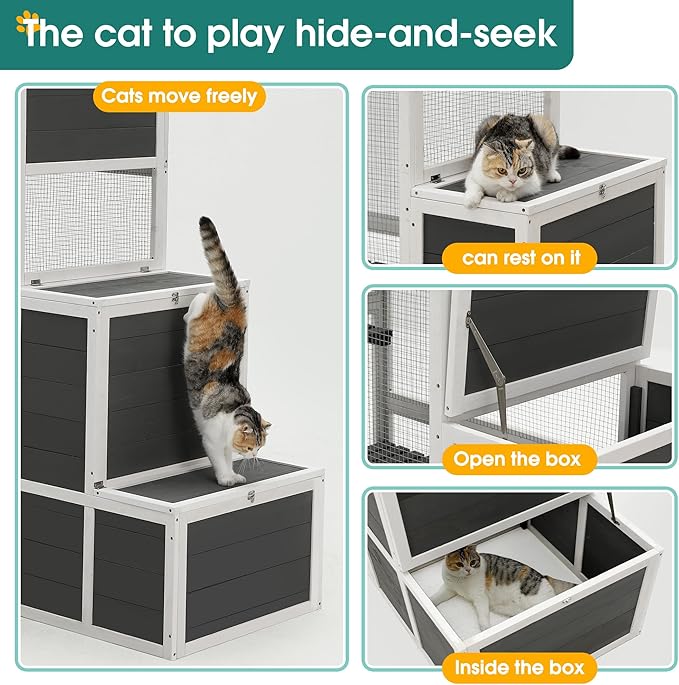 71 Inch Large Wooden Catio Outdoor & Indoor Cat Enclosure, 3-Tier Luxury Pet-House with Resting Box & Jumping Platforms, Kitty Condo Shelter for Play and Resting