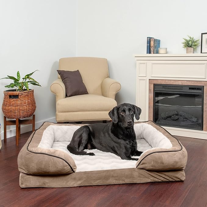 Furhaven Orthopedic Dog Bed for Large Dogs w/ Removable Bolsters & Washable Cover, For Dogs Up to 95 lbs - Plush & Velvet Waves Perfect Comfort Sofa - Brownstone, Jumbo/XL