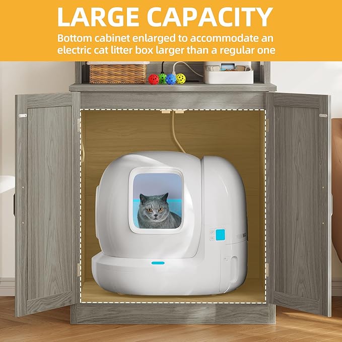 DWVO Large Hidden Litter Box Furniture with Shelves and Charging Station, Wooden Enclosure for Self-Cleaning Litter Boxes, Grey