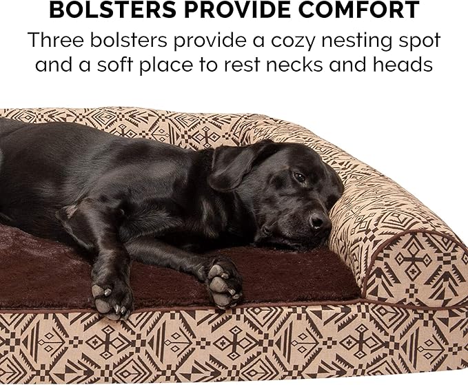 Furhaven Orthopedic Dog Bed for Medium/Small Dogs w/ Removable Bolsters & Washable Cover, For Dogs Up to 35 lbs - Plush & Southwest Kilim Woven Decor Sofa - Desert Brown, Medium